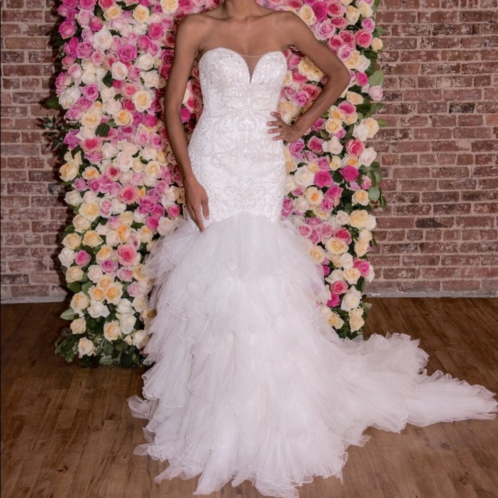 Galina Signature white sweetheart neckline beaded mermaid wedding dress SWG760
